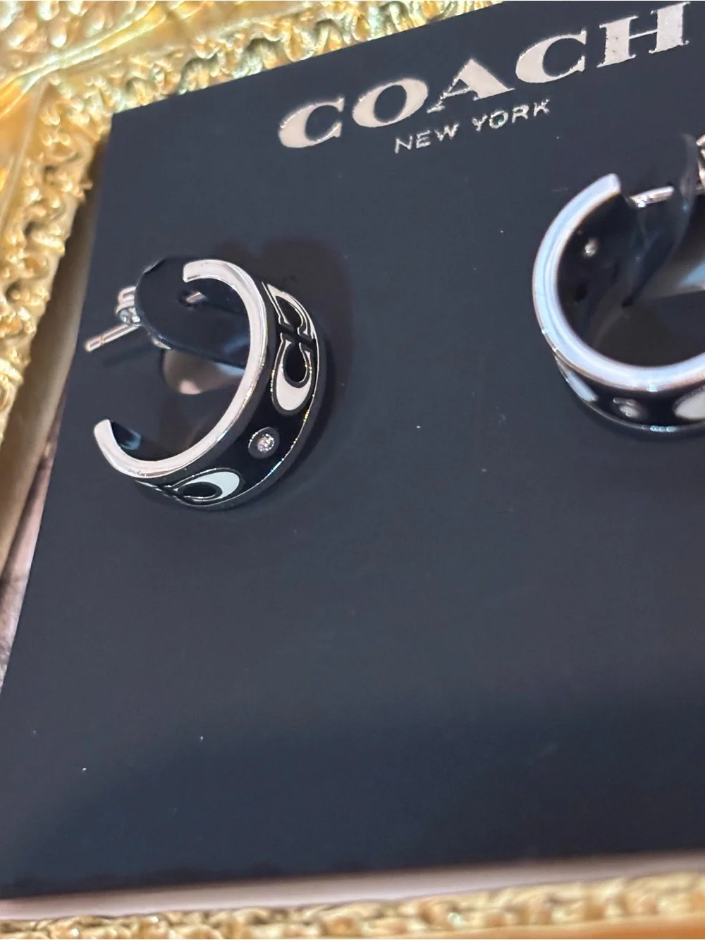 🖤 Poshmark Title  Coach Black Enamel Crystal Signature C Silver Tone Hoop Earrin